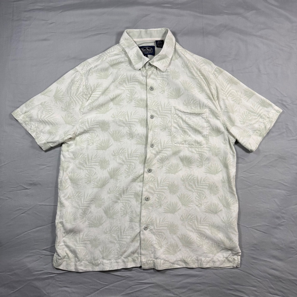 Nat Nast Mens Button Up‎ Shirt Silk Blend Tropical Palm Leaf Sage Green M Resort
